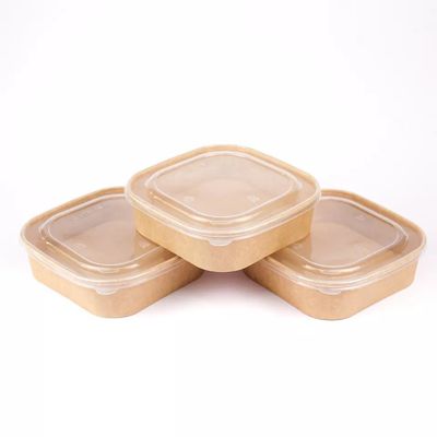 Custom Printing Disposable Kraft Paper Bowl Square With Plastic Lid Take Away Food Packing Container On Sale