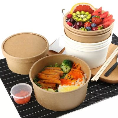 Restaurant Round Kraft Paper Takeaway Salad Bowl 1000ML With Transparent Lid