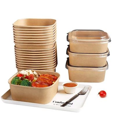 Kraft Paper Salad Takeaway Food Container Printing Rectangular Waterproof 1200ml