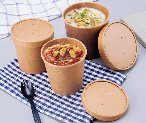 Logo Printing Disposable Kraft Paper Soup Bowl for Snacks Noodle Takeaway Packaging