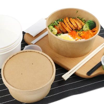 Restaurant Round Kraft Paper Takeaway Salad Bowl 1000ML With Transparent Lid