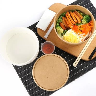 Restaurant Round Kraft Paper Takeaway Salad Bowl 1000ML With Transparent Lid