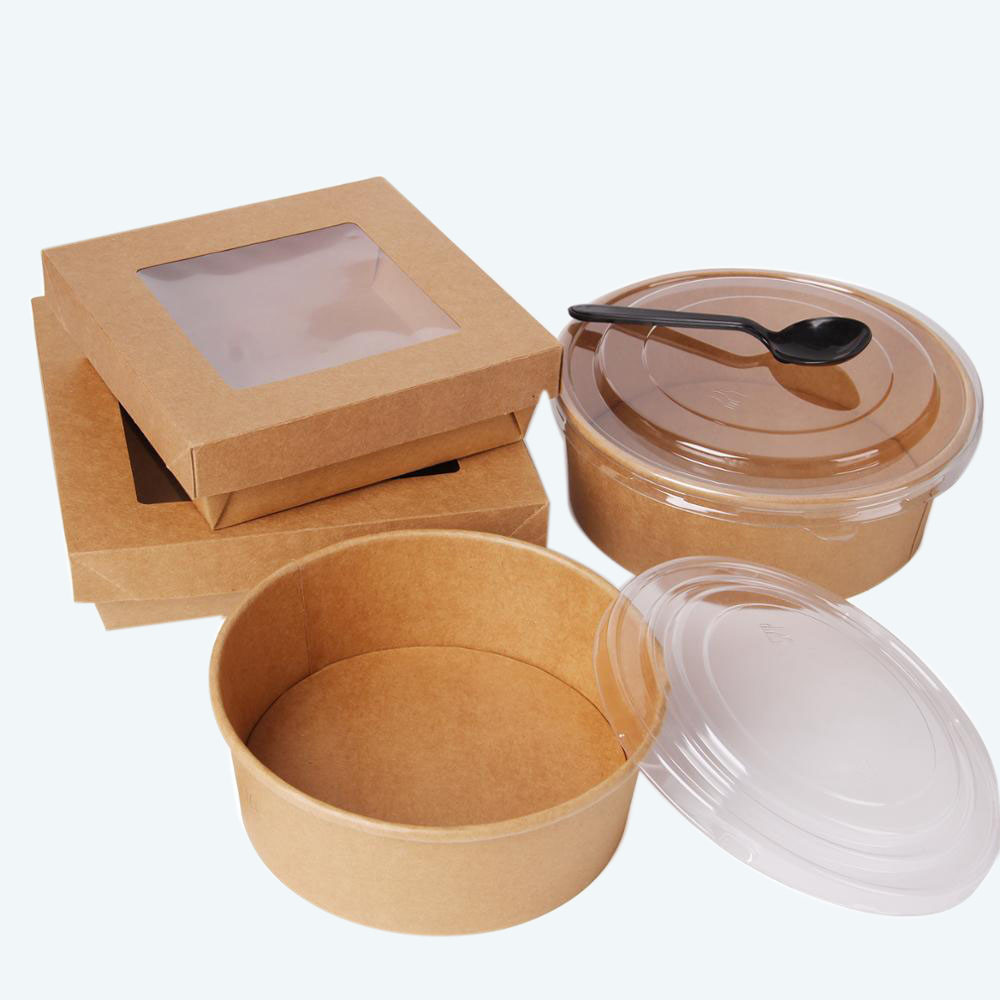 Disposable Take Away Brown Color Kraft Paper Salad Bowl With PET Lid